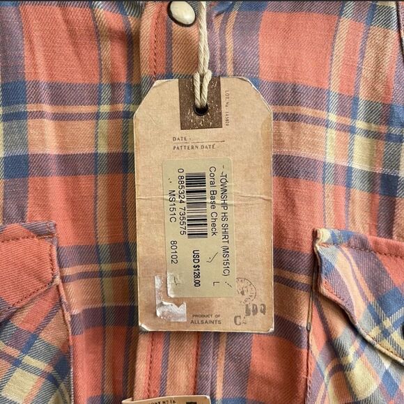 AllSaints | All Saints Township HS Shirt Coral Base Check Button Down Shirt - Picture 4 of 6